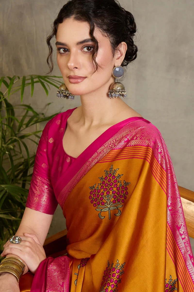 Amiable Mustard Ajrakh Printed Semi Modal Silk Saree With Gratifying Blouse Piece - Image 4
