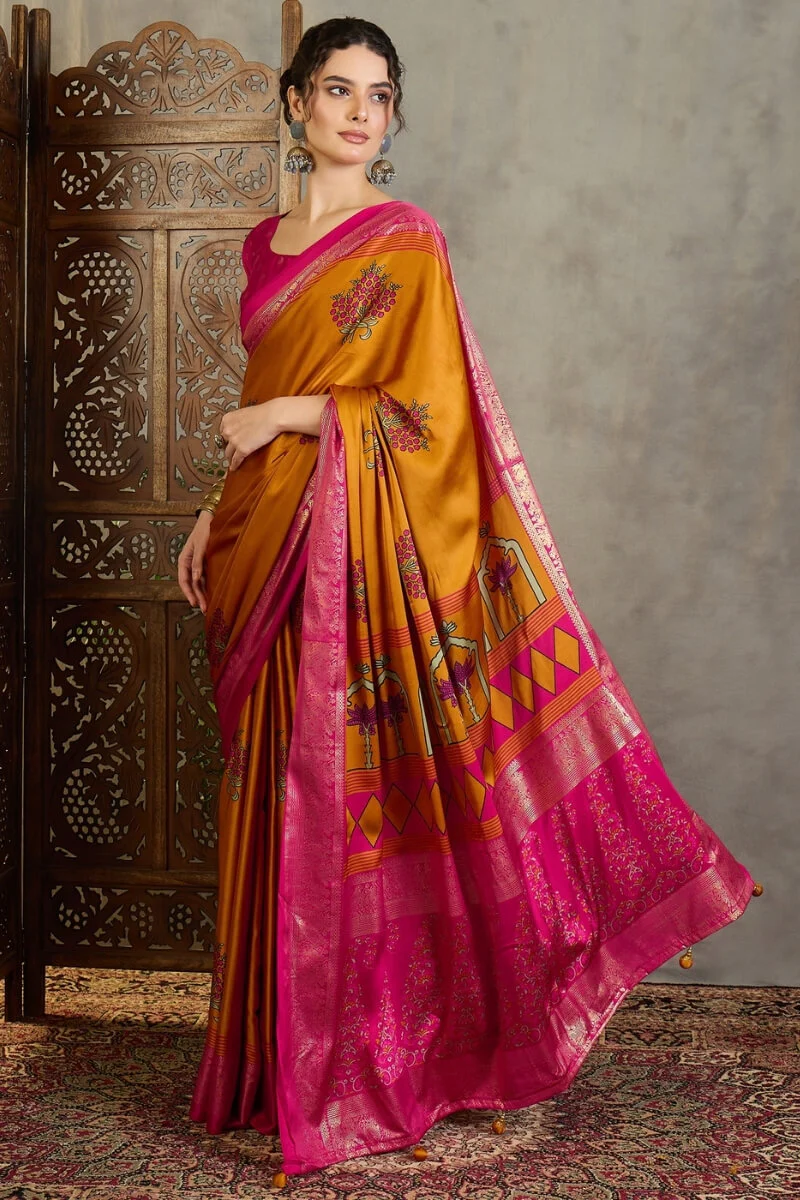 Amiable Mustard Ajrakh Printed Semi Modal Silk Saree With Gratifying Blouse Piece - Image 5