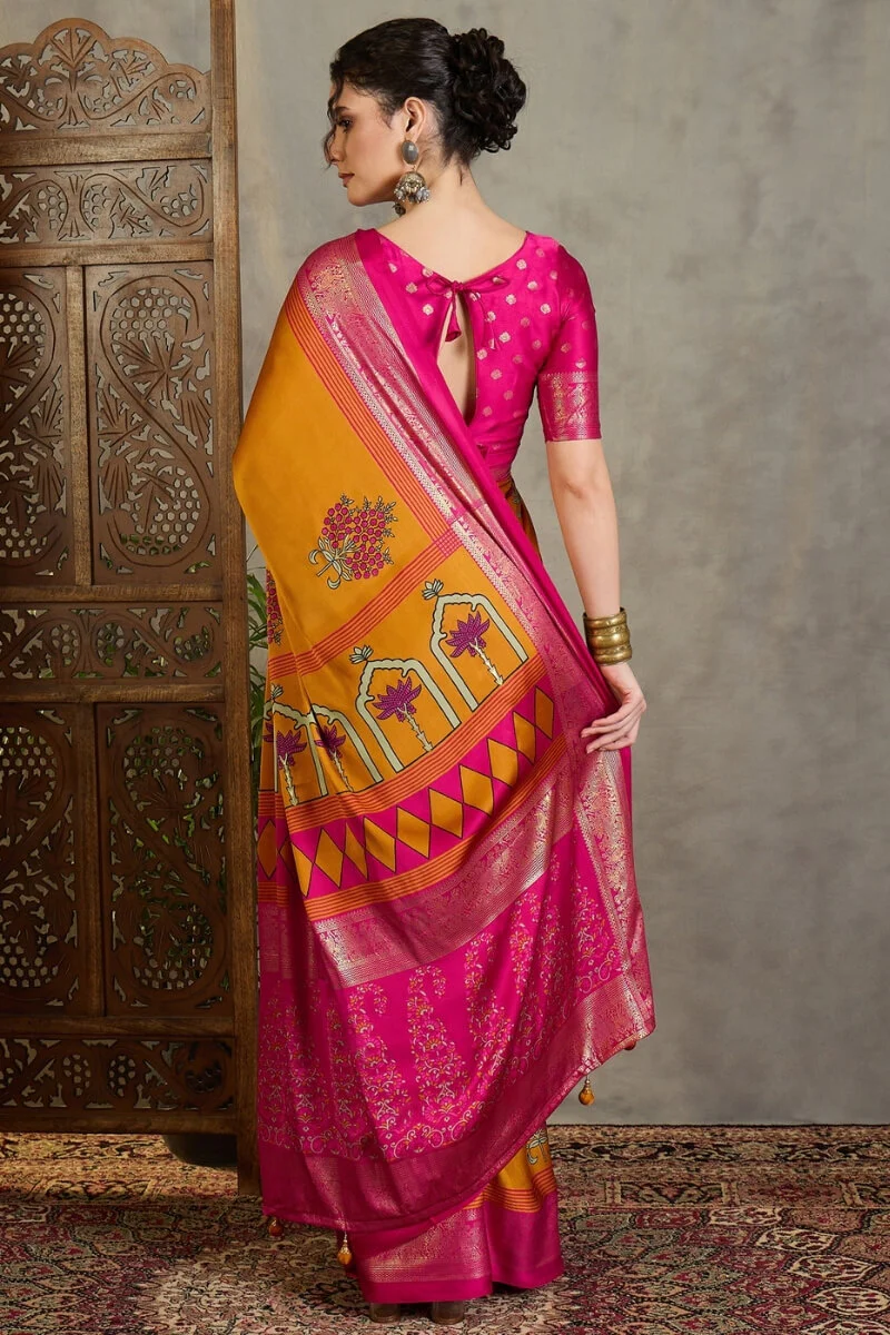 Amiable Mustard Ajrakh Printed Semi Modal Silk Saree With Gratifying Blouse Piece - Image 7