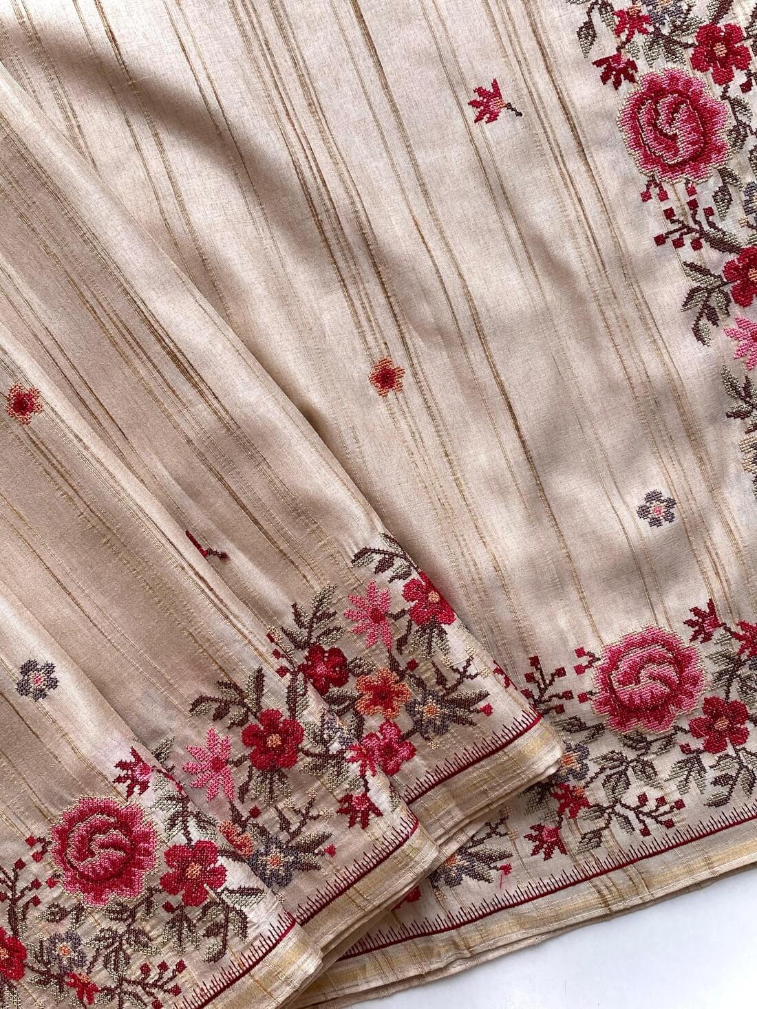 Angelic Beige Embroidery Work Tussar Silk Saree With Traditional Blouse Piece - Image 2