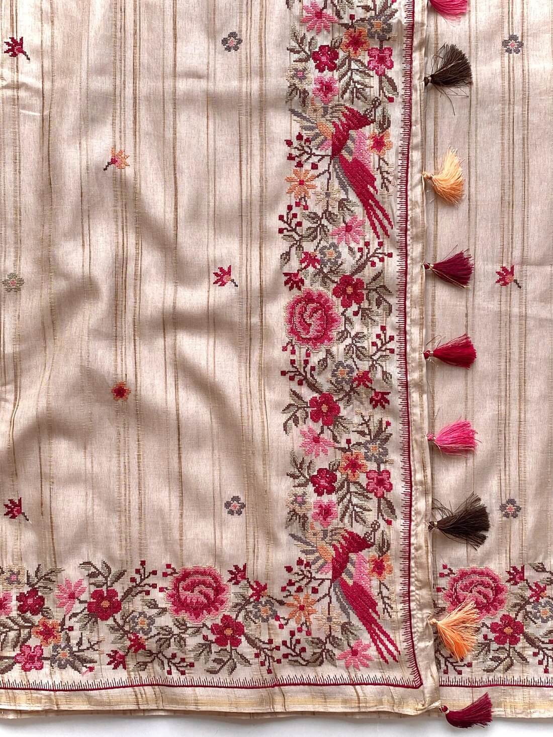Angelic Beige Embroidery Work Tussar Silk Saree With Traditional Blouse Piece - Image 3