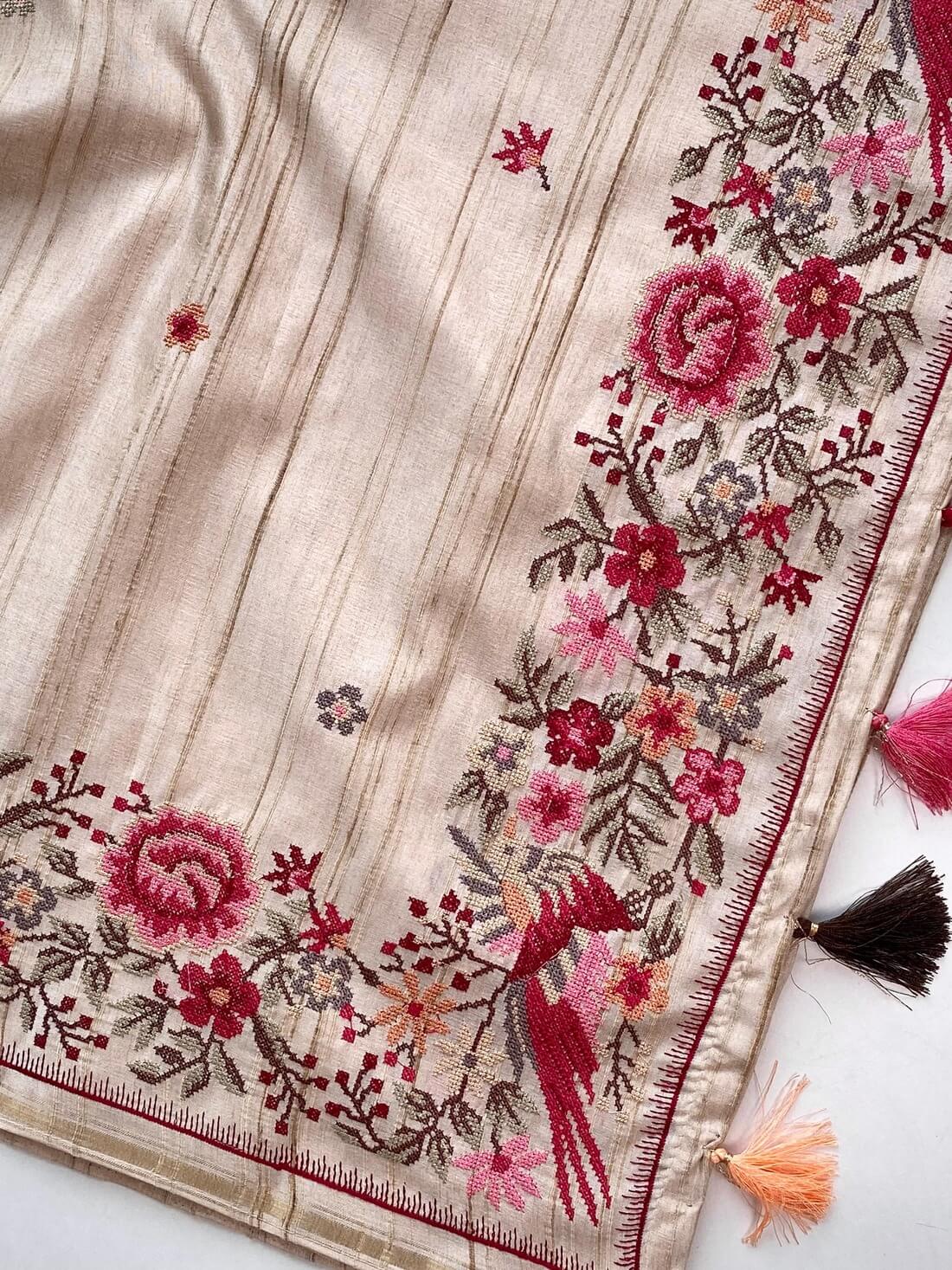 Angelic Beige Embroidery Work Tussar Silk Saree With Traditional Blouse Piece - Image 4