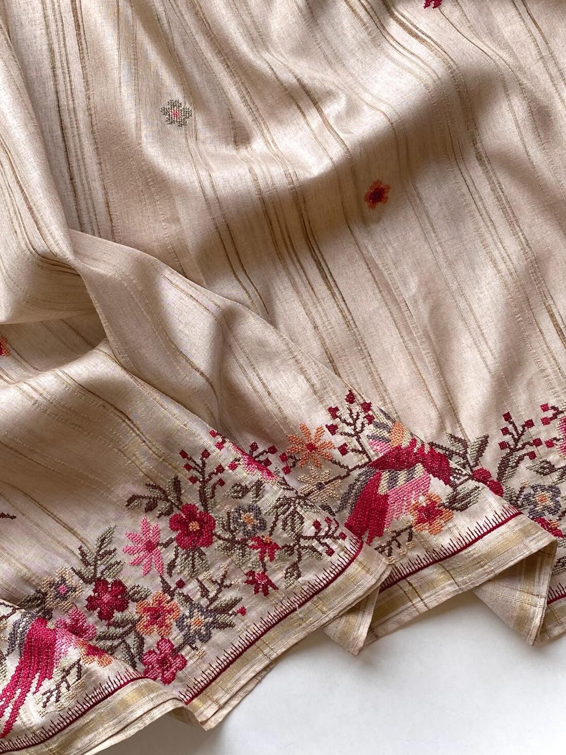 Angelic Beige Embroidery Work Tussar Silk Saree With Traditional Blouse Piece - Image 5