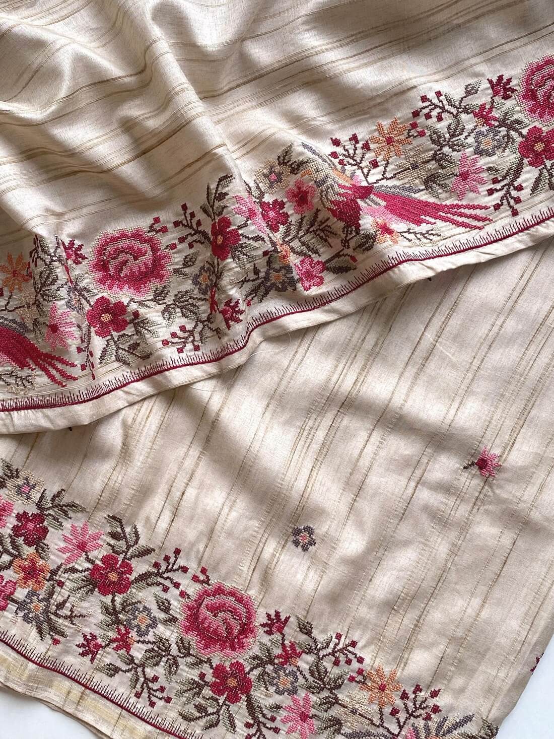 Angelic Beige Embroidery Work Tussar Silk Saree With Traditional Blouse Piece - Image 7