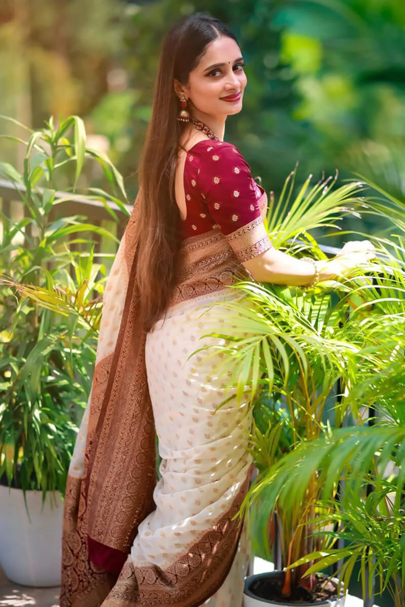 Angelic Beige Soft Silk Saree With Palimpsest Blouse Piece - Image 4