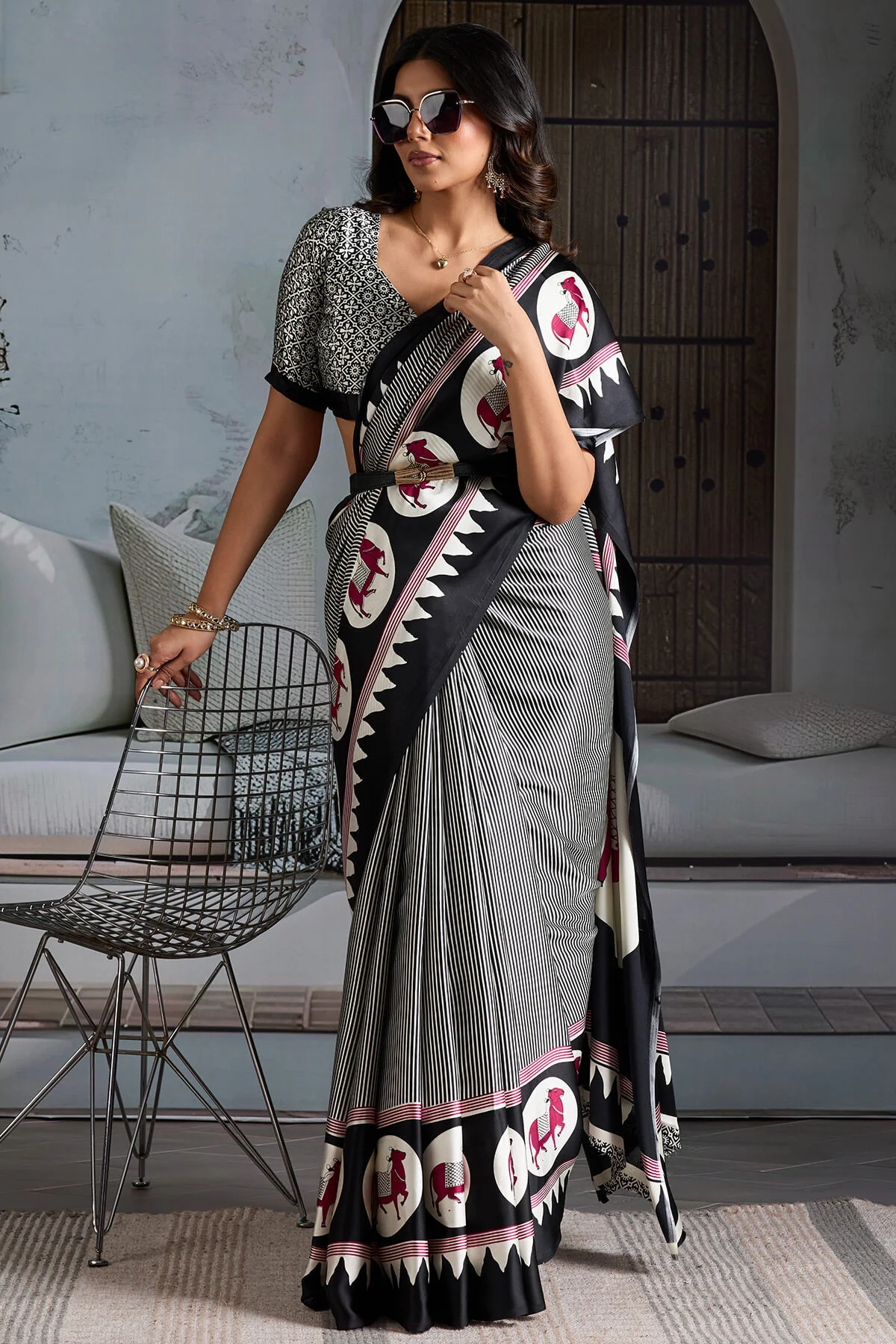 Angelic Black Ajrakh Printed Satin Silk Saree With Staring Blouse Piece - Image 5