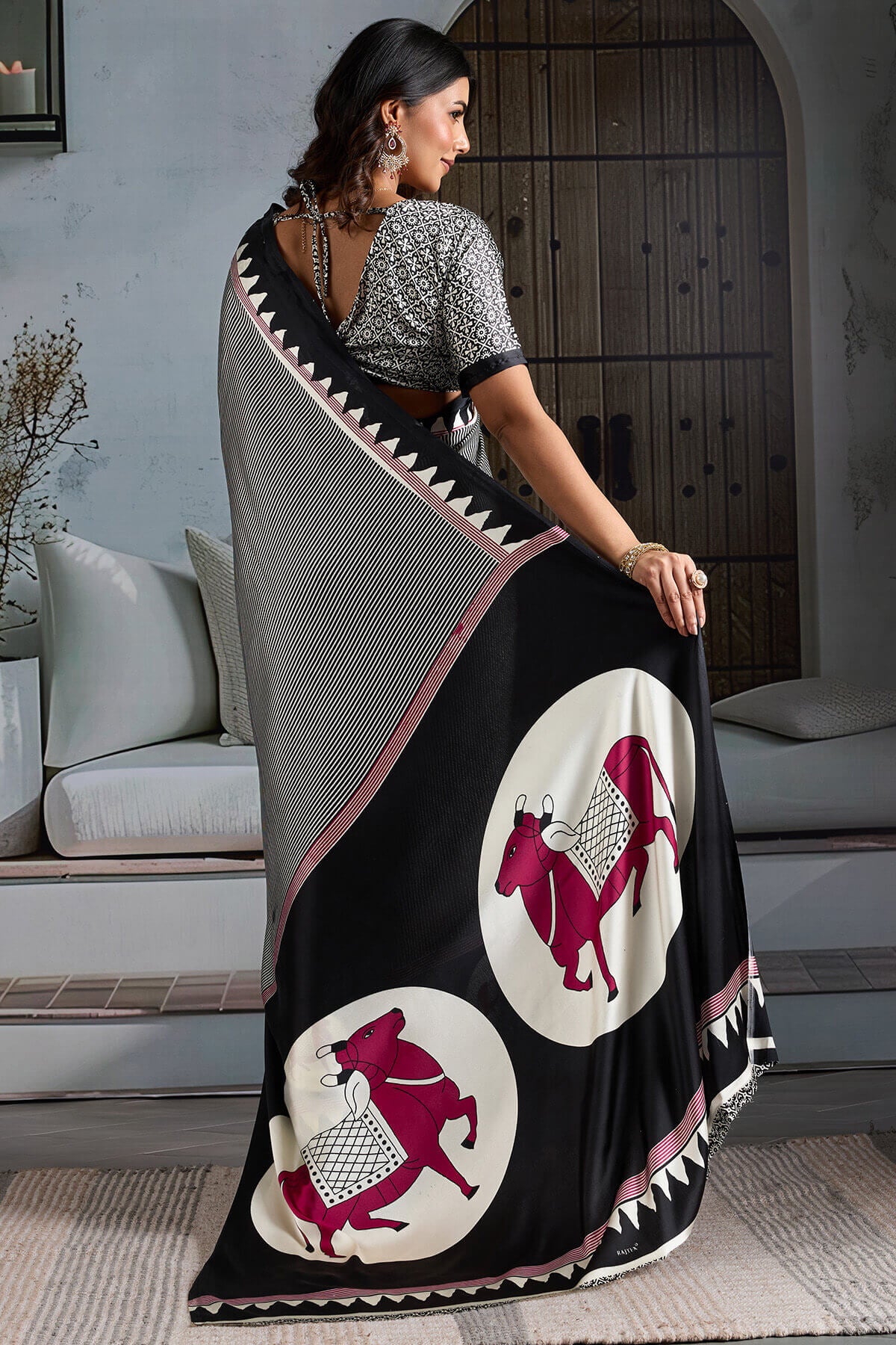 Angelic Black Ajrakh Printed Satin Silk Saree With Staring Blouse Piece - Image 6