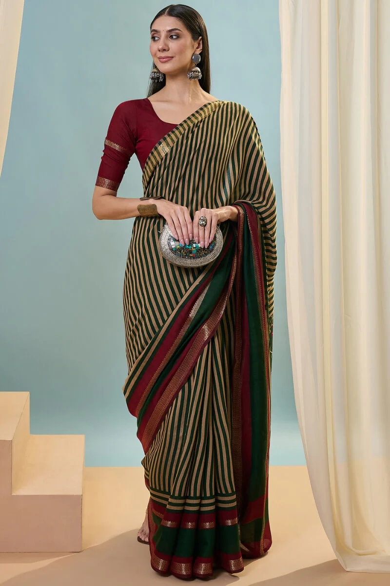 Angelic Dark Green Printed Cotton Silk Saree With Stylish Blouse Piece - Image 3