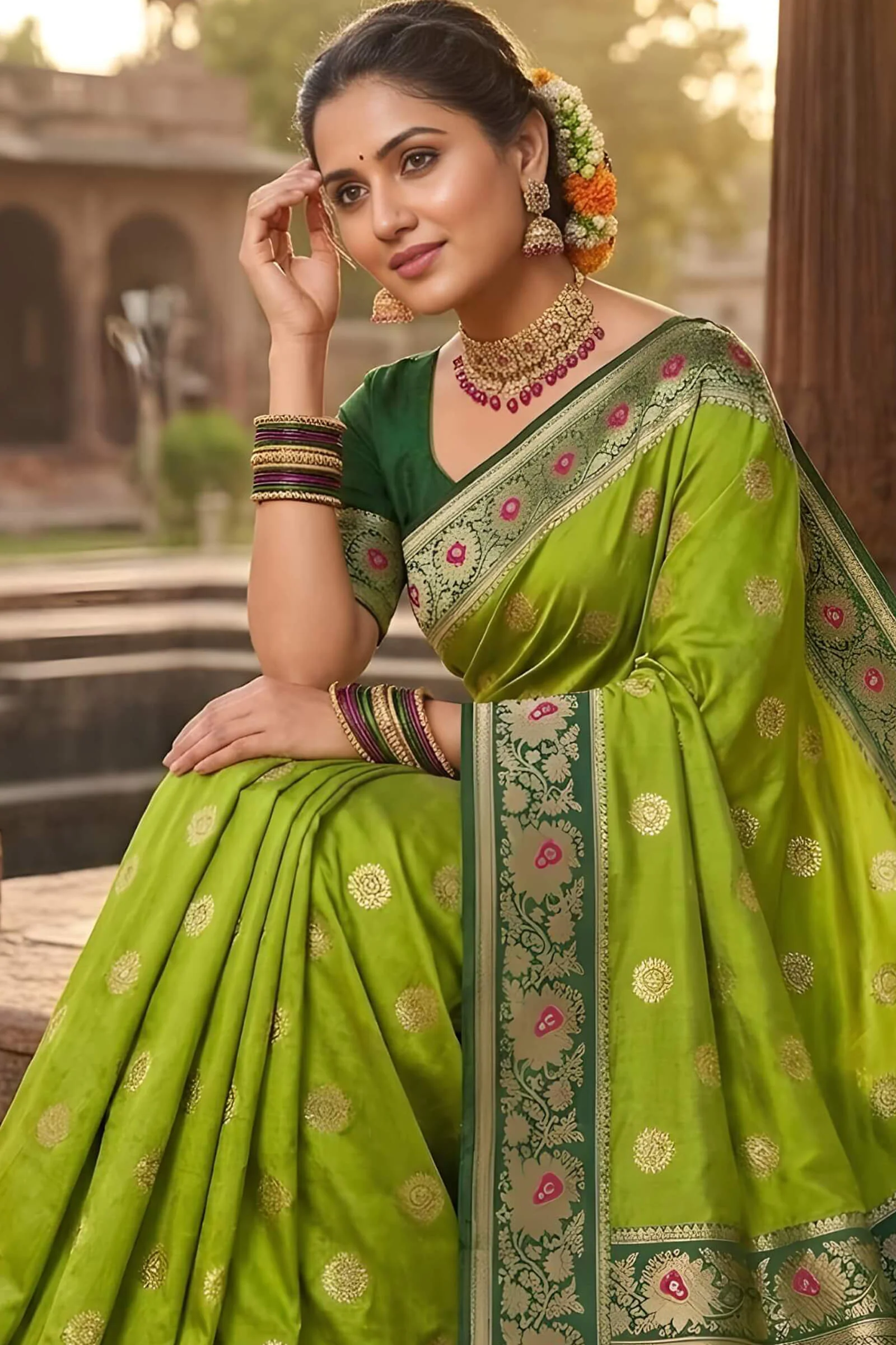 Angelic Green Pure Zari Weaving Banarasi Silk Saree With Surpassing Blouse Piece - Image 3