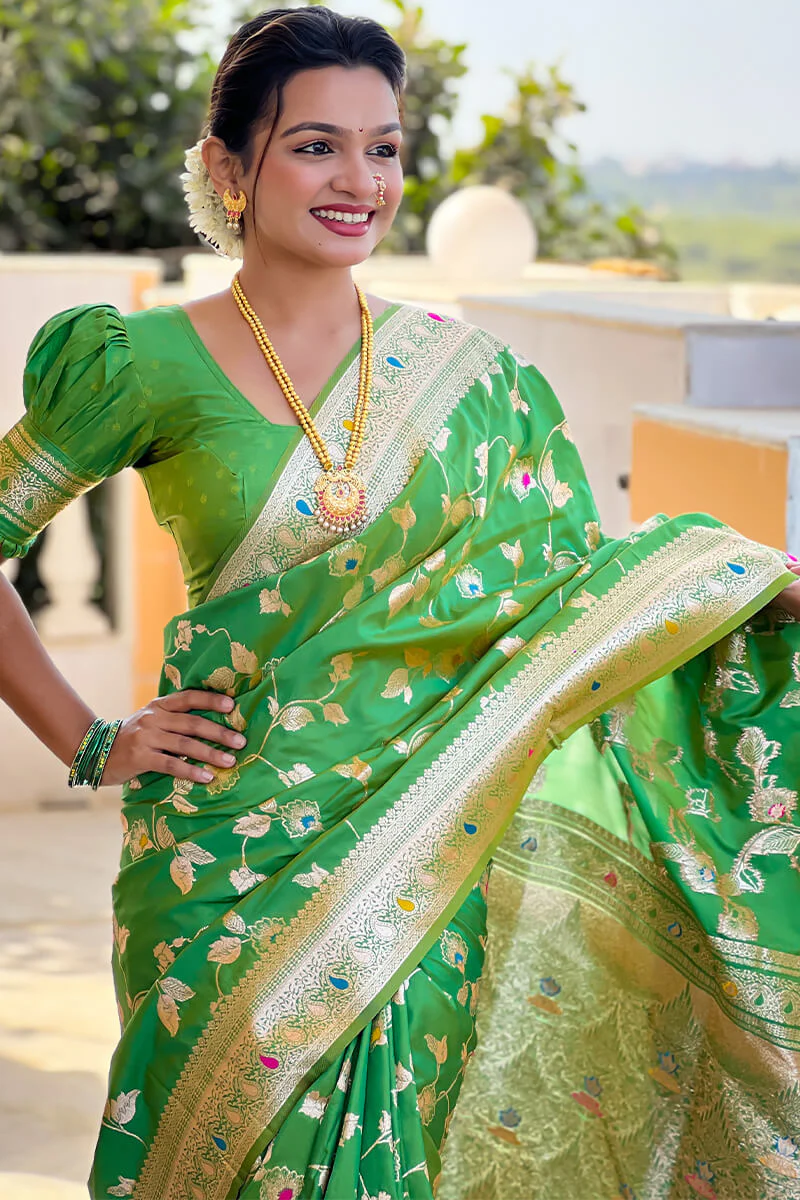 Angelic Mehndi Soft Banarasi Silk Saree With Chatoyant Blouse Piece - Image 4