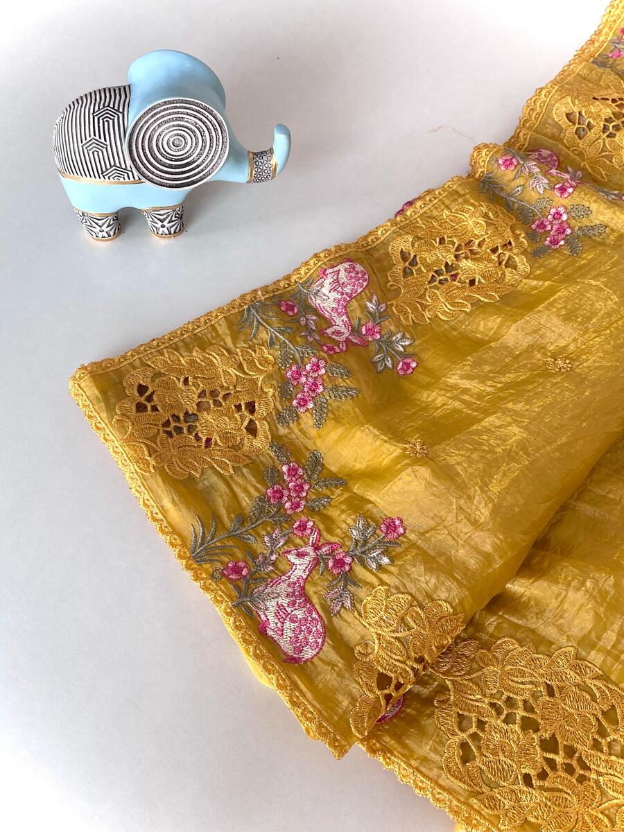 Angelic Mustard Embroidery Work Crush Silk Saree With Fragrant Blouse Piece - Image 3