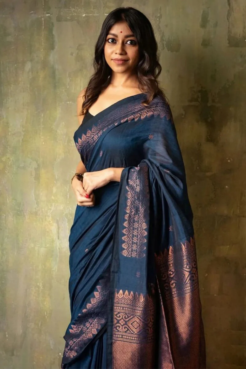 Angelic Navy Blue Soft Silk Saree With Assemblage Blouse Piece - Image 4