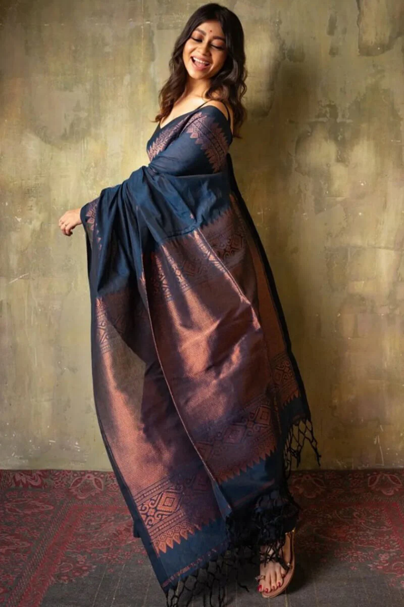 Angelic Navy Blue Soft Silk Saree With Assemblage Blouse Piece - Image 6