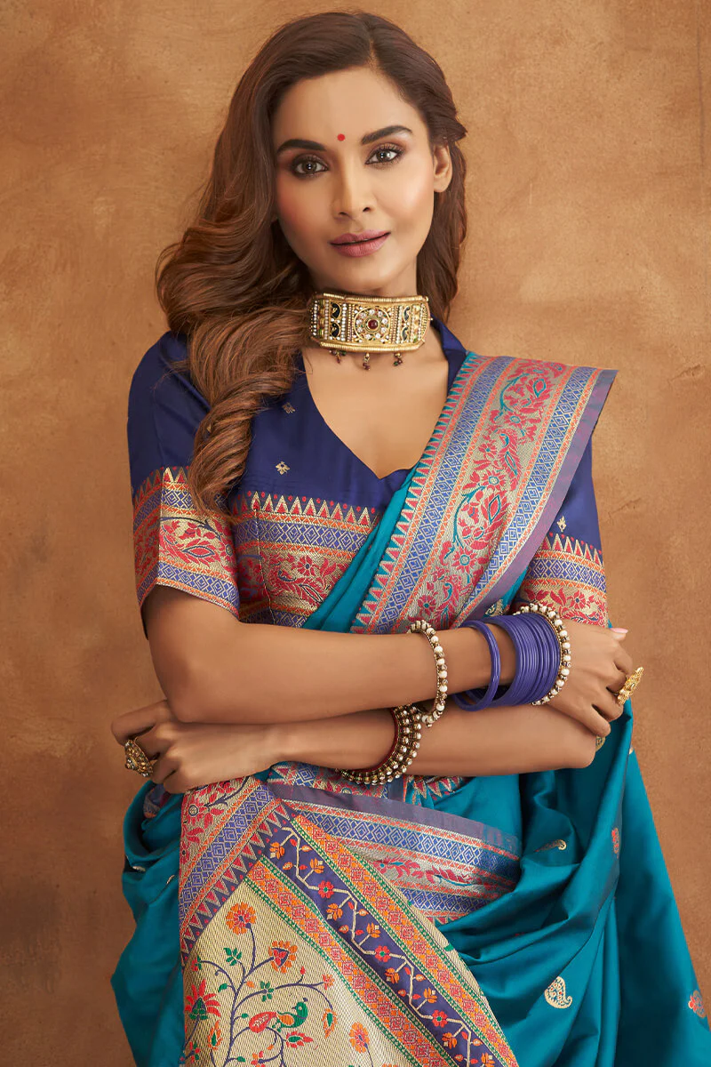 Angelic Teal Blue Soft Banarasi Silk Saree With Fairytale Blouse - Image 2