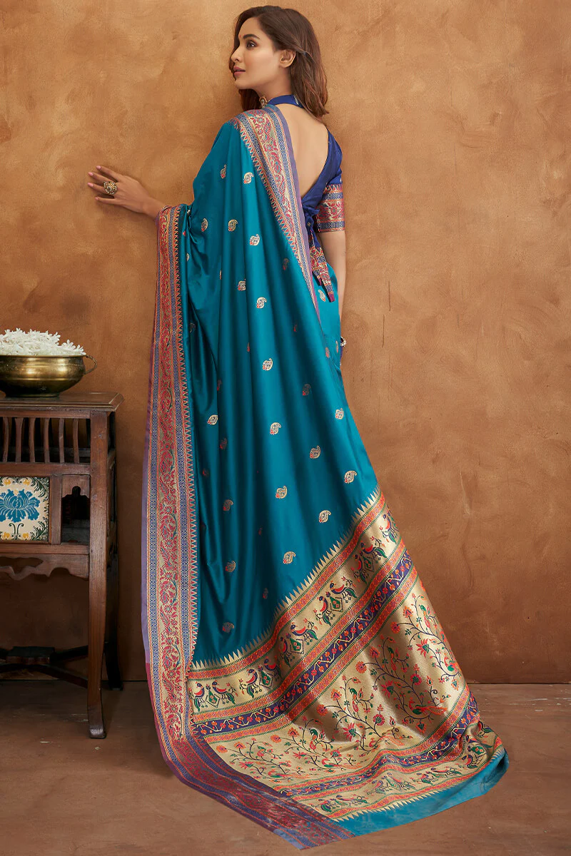 Angelic Teal Blue Soft Banarasi Silk Saree With Fairytale Blouse - Image 3