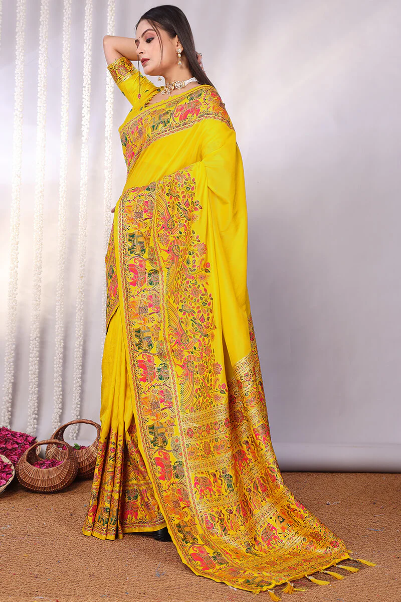 Angelic Yellow Pashmina Saree With Smashing Blouse Piece - Image 3