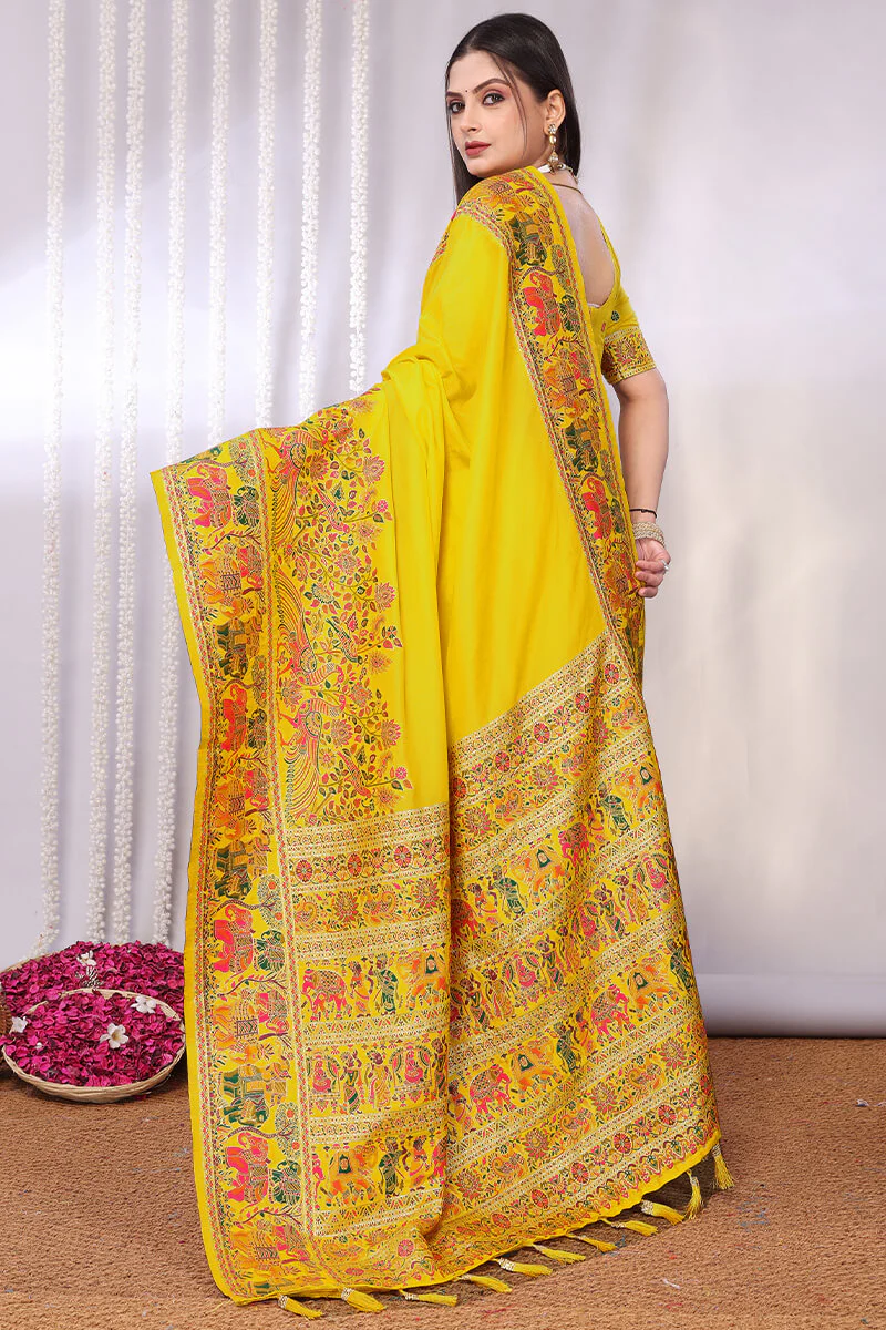 Angelic Yellow Pashmina Saree With Smashing Blouse Piece - Image 4