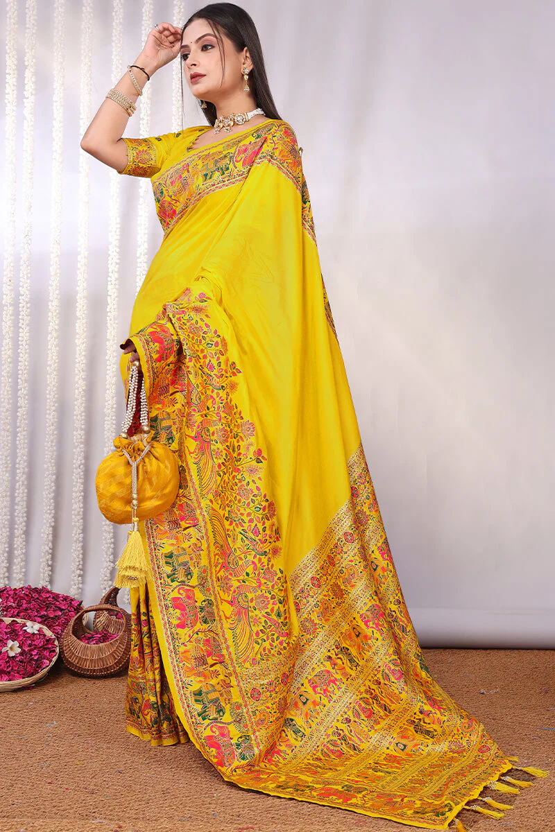 Angelic Yellow Pashmina Saree With Smashing Blouse Piece - Image 5