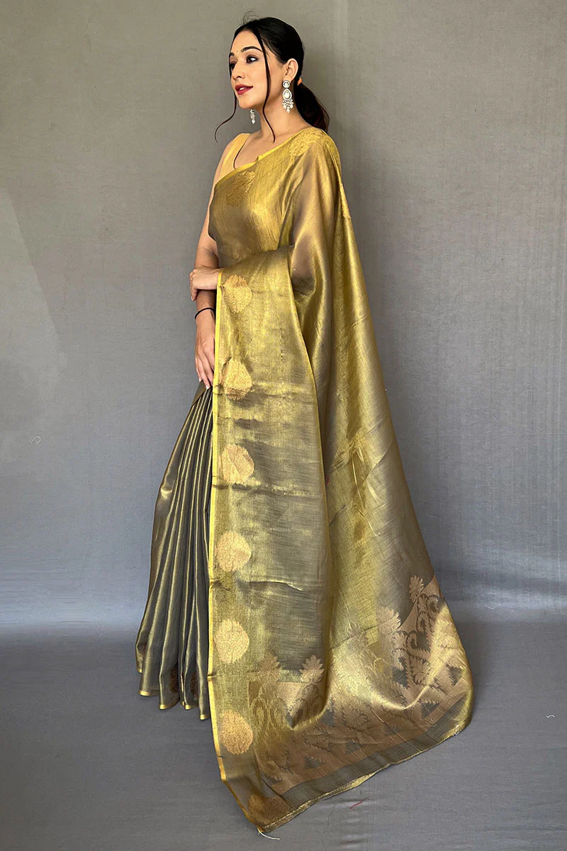 Aplomb Mehndi Soft Banarasi Tissue Silk Saree With Scintillating Blouse Piece - Image 3