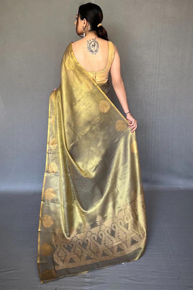 Aplomb Mehndi Soft Banarasi Tissue Silk Saree With Scintillating Blouse Piece - Image 4