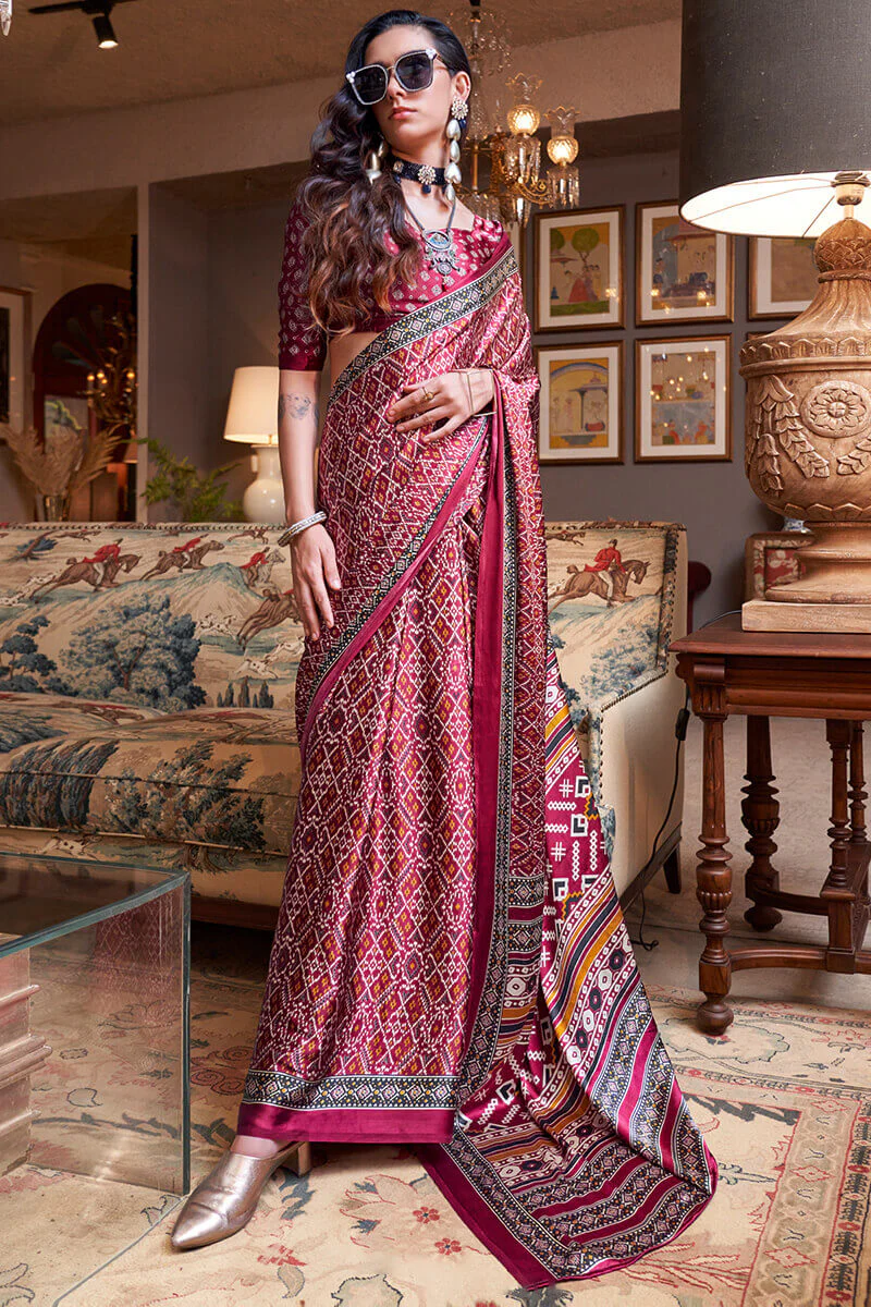 Aplomb Wine Digital Printed Satin Silk Saree With Ravishing Blouse Piece