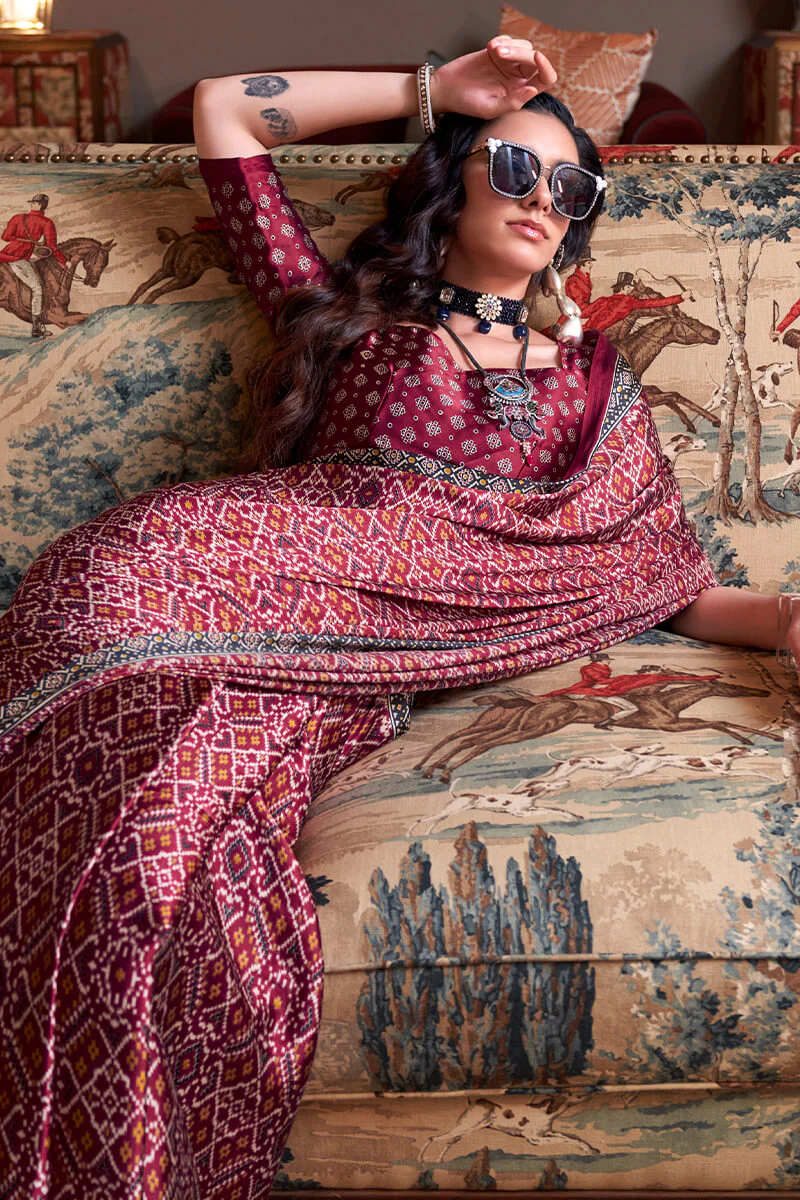 Aplomb Wine Digital Printed Satin Silk Saree With Ravishing Blouse Piece - Image 2