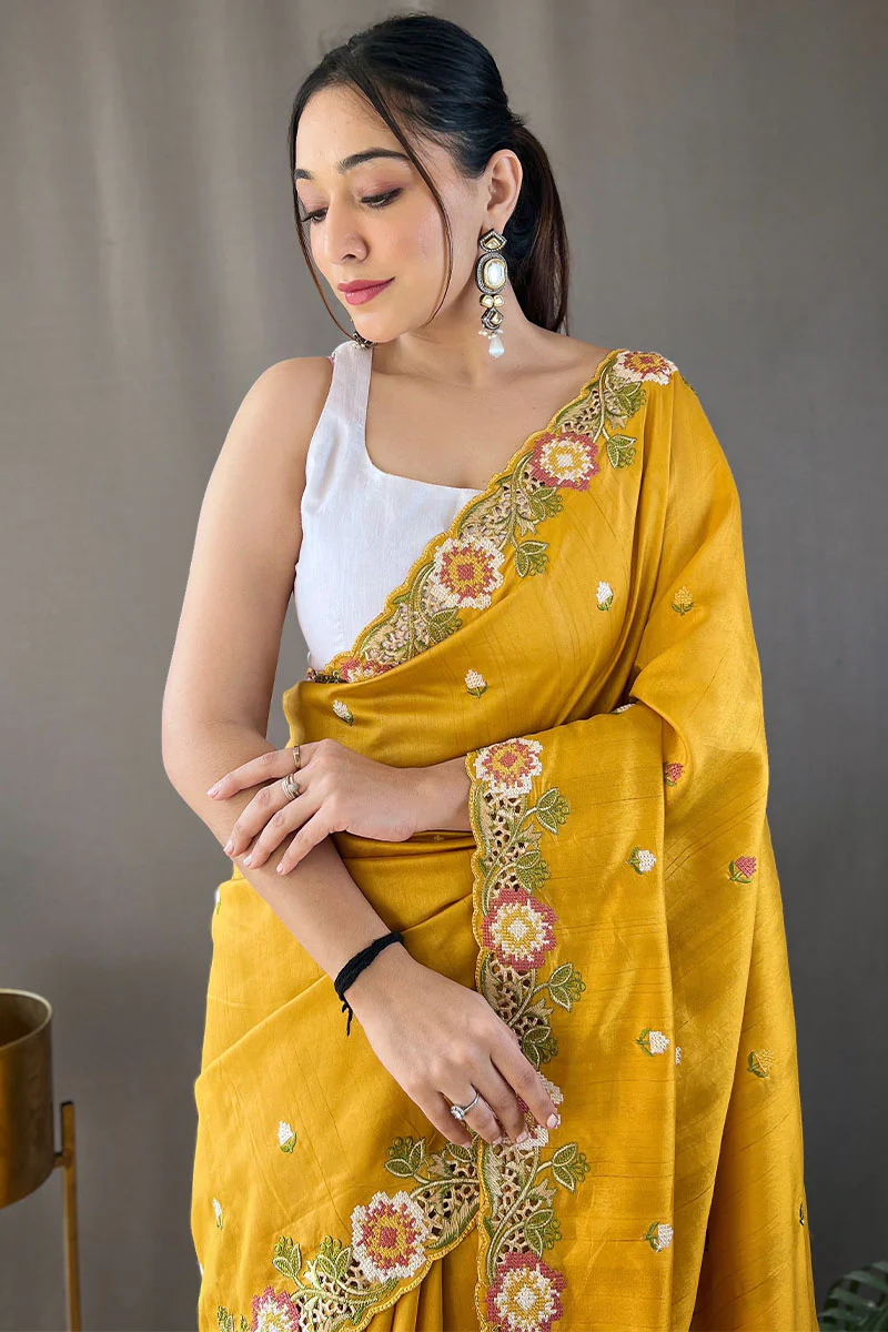 Aplomb Yellow Embroidery Work Tussar Silk Saree With Ethereal Blouse Piece - Image 2
