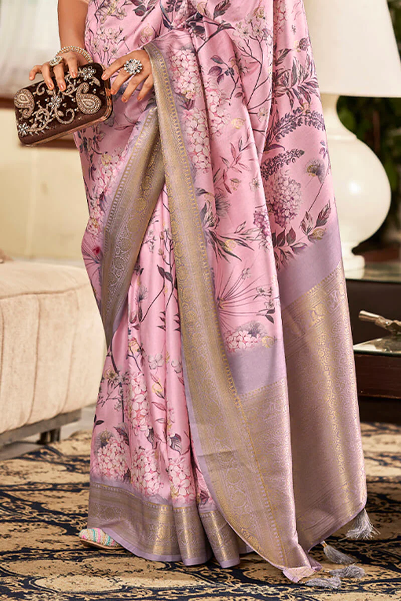 Appealing Baby Pink Digital Printed Soft Silk Saree With Stunning Blouse Piece - Image 3