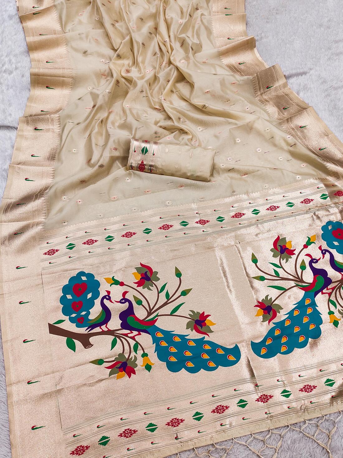 Appealing Beige Paithani Silk Saree With Elision Blouse Piece - Image 2