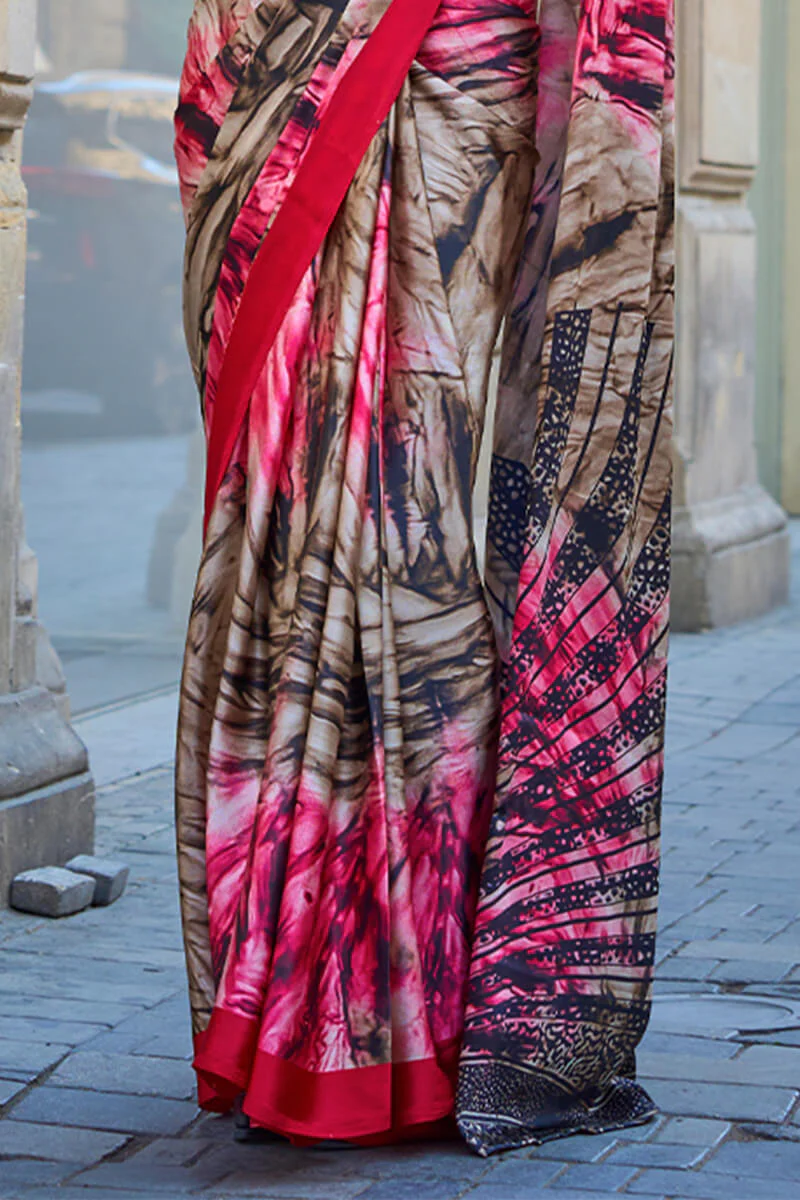 Appealing Brown and Pink Digital Printed Satin Silk Saree With Engrossing Blouse Piece - Image 3