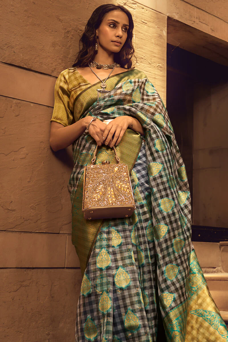 Appealing Grey and Green Soft Banarasi Silk Saree With Radiant Blouse - Image 2