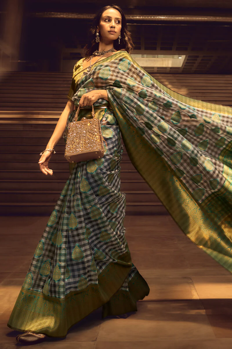 Appealing Grey and Green Soft Banarasi Silk Saree With Radiant Blouse - Image 4