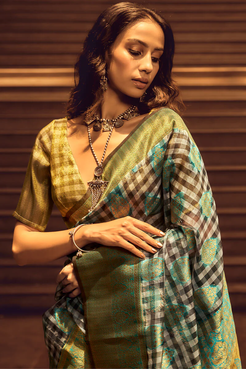 Appealing Grey and Green Soft Banarasi Silk Saree With Radiant Blouse - Image 5