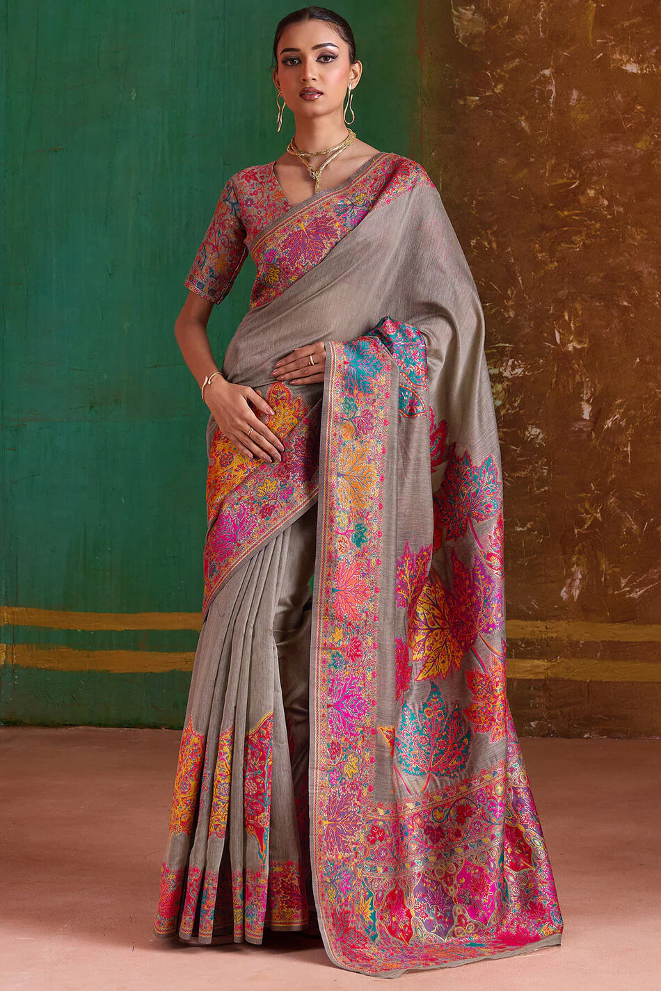 Appealing Grey Pashmina Saree With Charming Blouse Piece