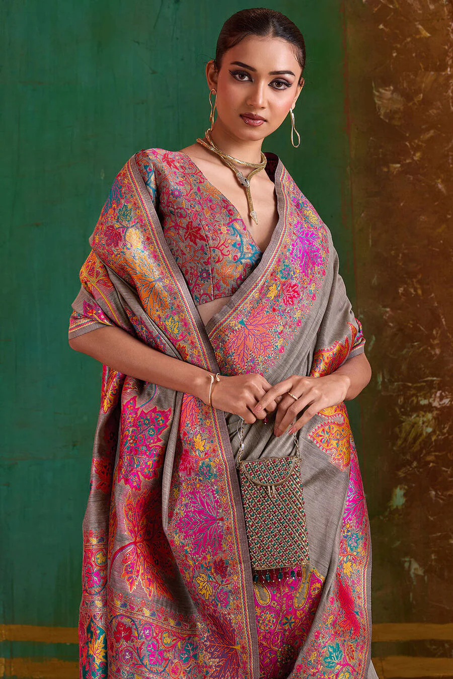 Appealing Grey Pashmina Saree With Charming Blouse Piece - Image 2
