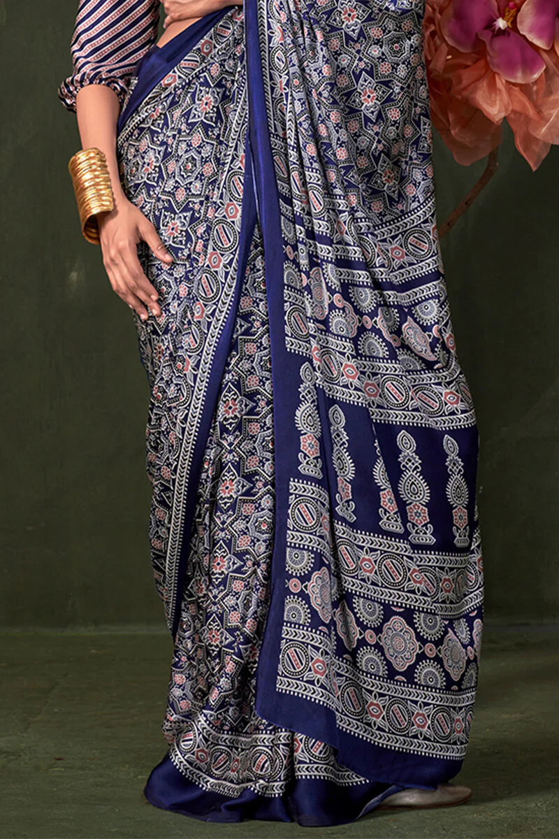 Appealing Navy Blue Ajrakh Printed Satin Silk Saree With Susurrous  Blouse Piece - Image 3