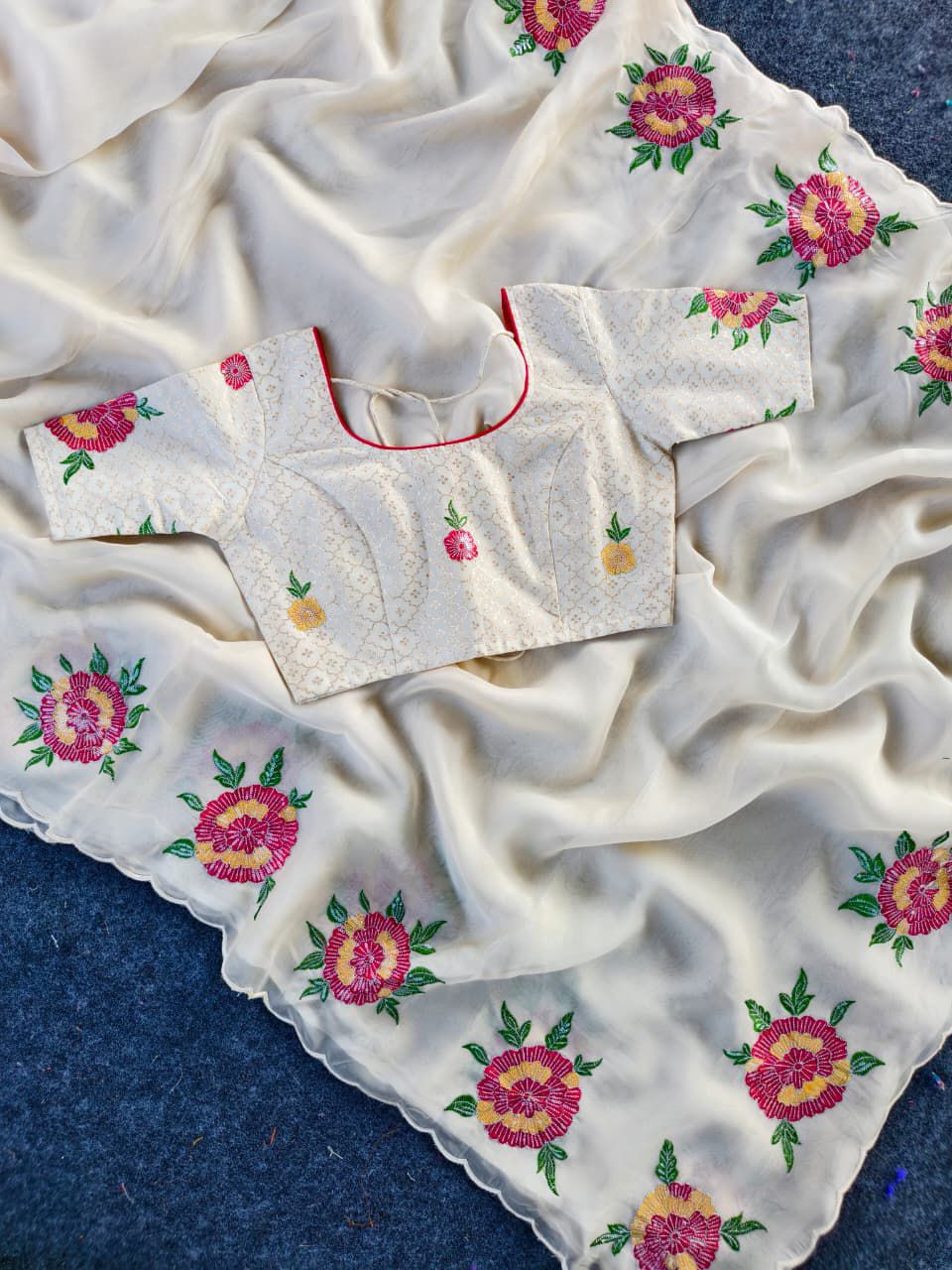 Appealing Off White Embroidery Work Organza Silk Saree With Elision Blouse Piece - Image 2
