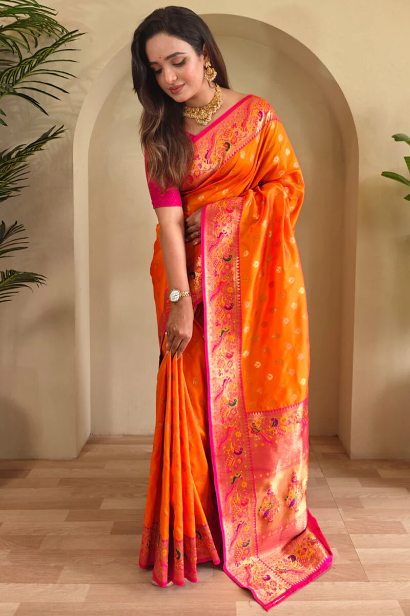 Appealing Orange Paithani Silk Saree With Jazzy Blouse Piece - Image 3