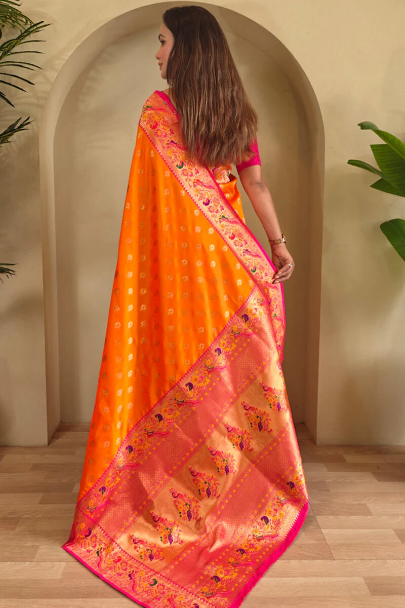 Appealing Orange Paithani Silk Saree With Jazzy Blouse Piece - Image 4