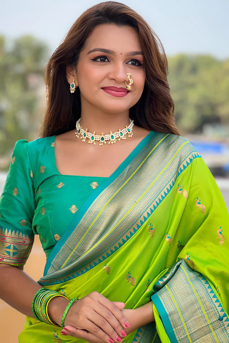 Appealing Parrot Paithani Silk Saree With Ravishing Blouse Piece - Image 3