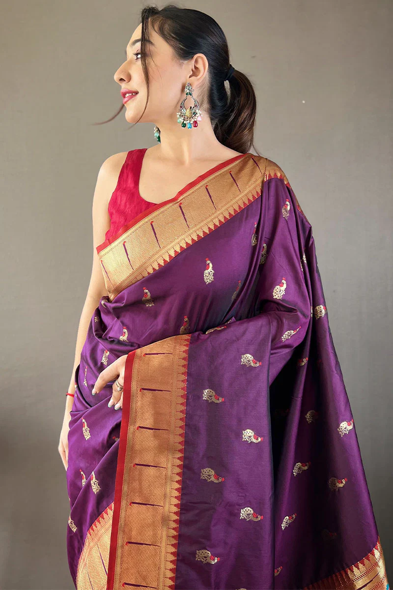 Appealing Purple Paithani Silk Saree With Flameboyant Blouse Piece - Image 2