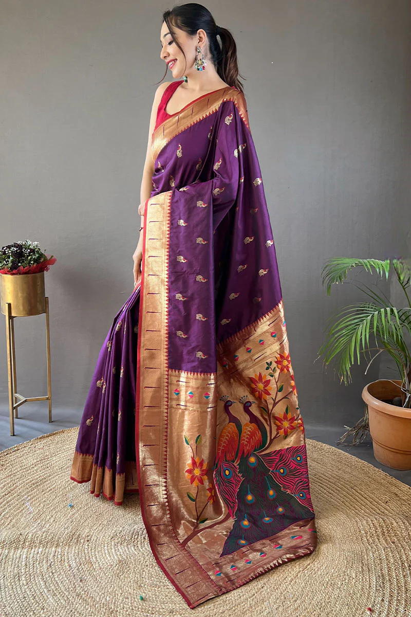 Appealing Purple Paithani Silk Saree With Flameboyant Blouse Piece - Image 3