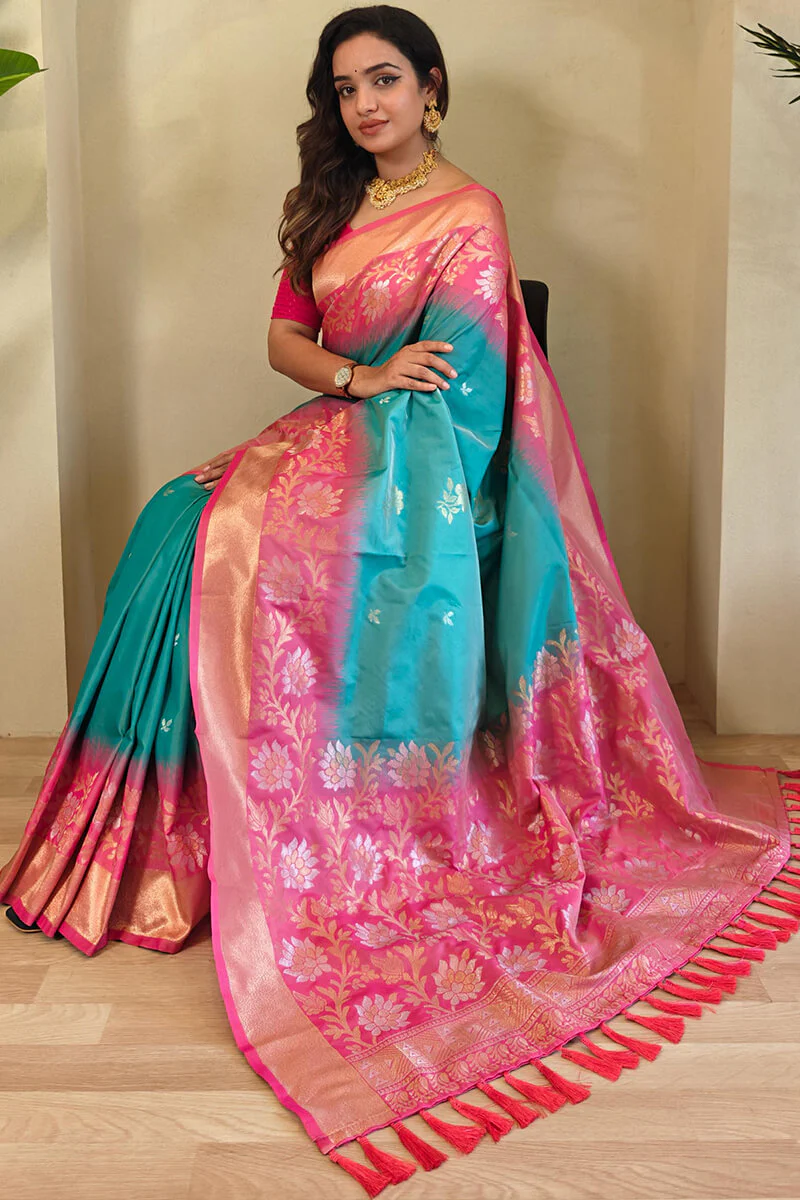Appealing Sea Green Soft Banarasi Silk Saree With Enigmatic Blouse Piece - Image 2