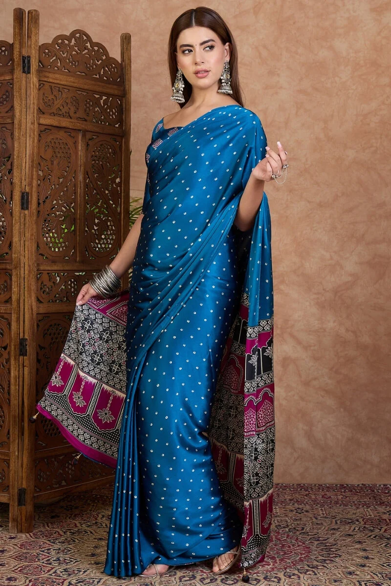 Arresting Blue Ajrakh Printed Semi Modal Silk Saree With Phenomenal Blouse Piece - Image 5