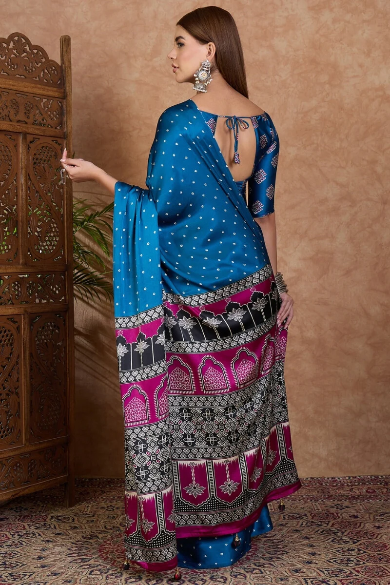 Arresting Blue Ajrakh Printed Semi Modal Silk Saree With Phenomenal Blouse Piece - Image 6