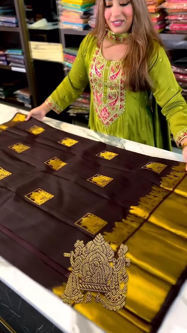Artistic Brown Soft Banarasi Silk Saree With Snappy Blouse Piece - Image 5