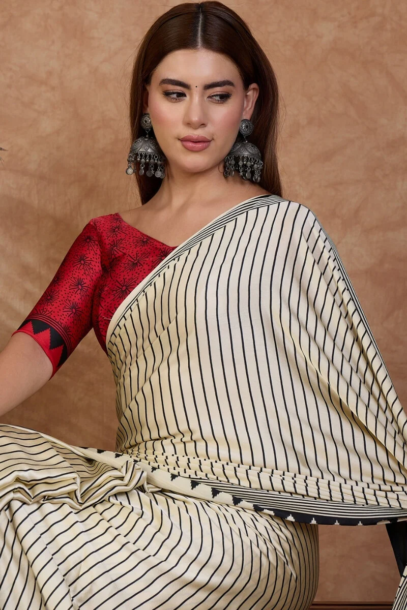 Artistic Off White Ajrakh Printed Semi Modal Silk Saree With Sempiternal Blouse Piece - Image 2