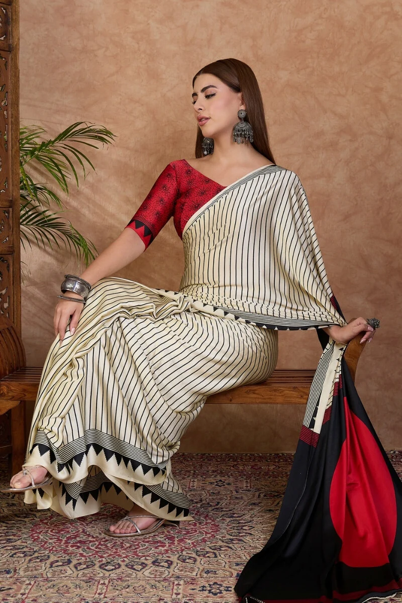 Artistic Off White Ajrakh Printed Semi Modal Silk Saree With Sempiternal Blouse Piece - Image 3