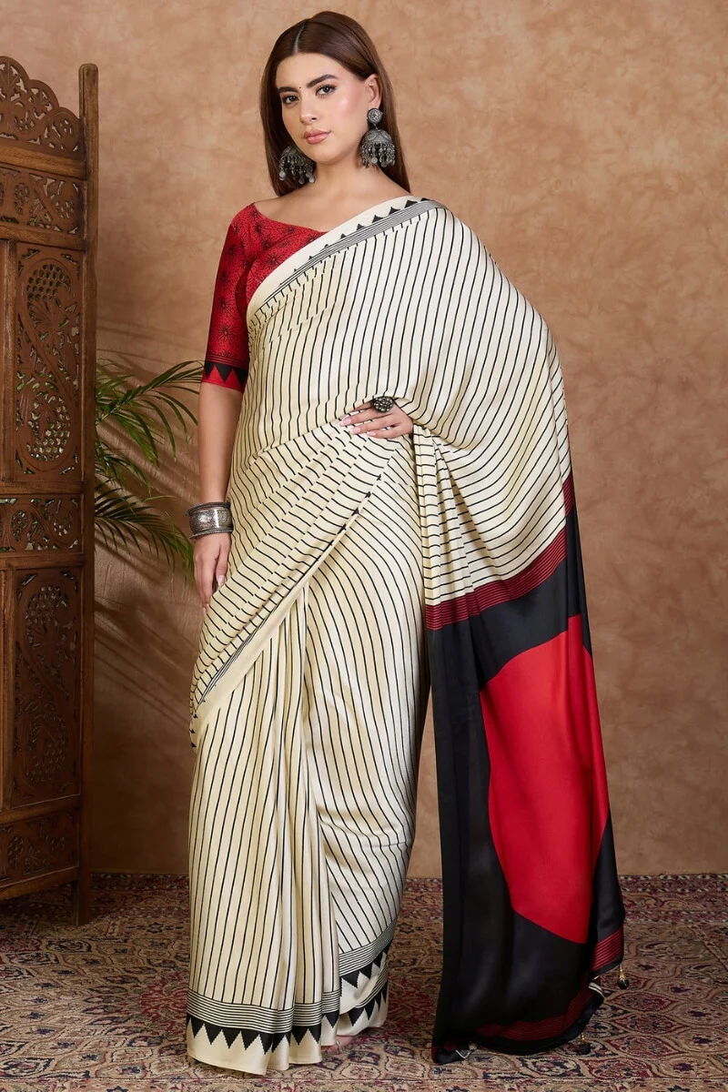 Artistic Off White Ajrakh Printed Semi Modal Silk Saree With Sempiternal Blouse Piece - Image 4