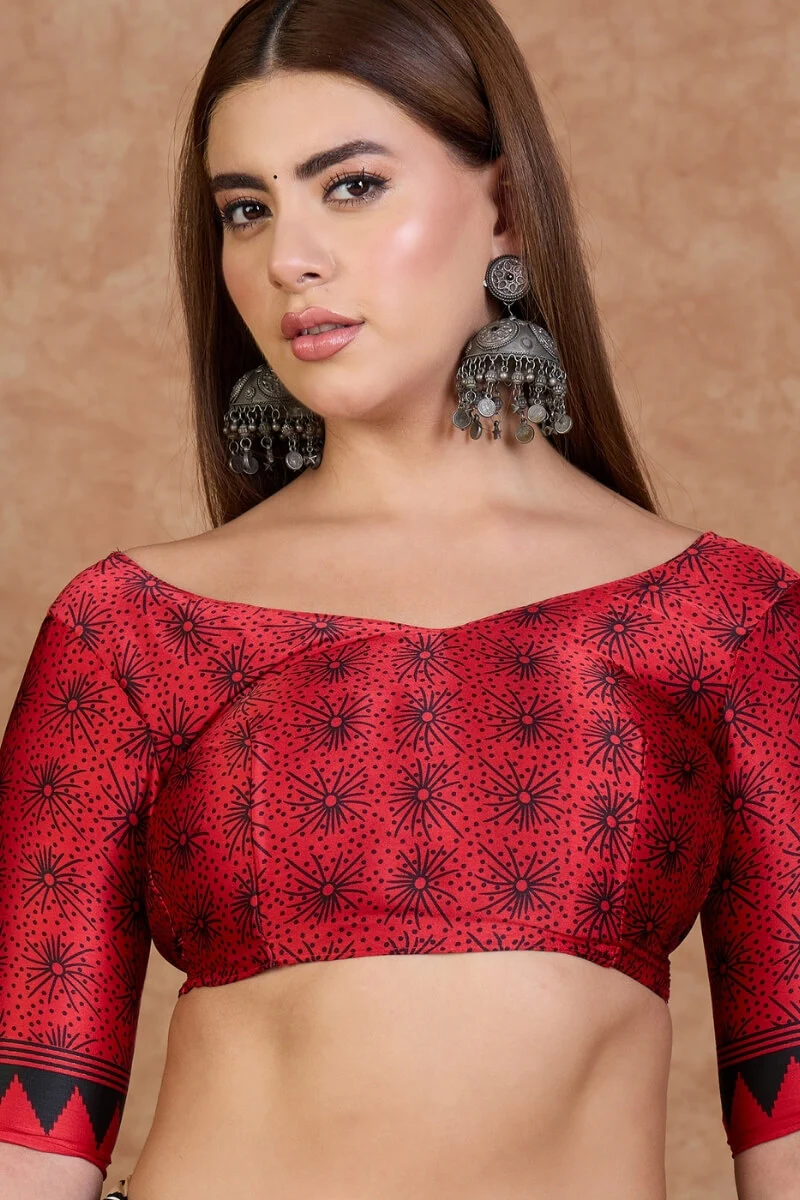 Artistic Off White Ajrakh Printed Semi Modal Silk Saree With Sempiternal Blouse Piece - Image 5